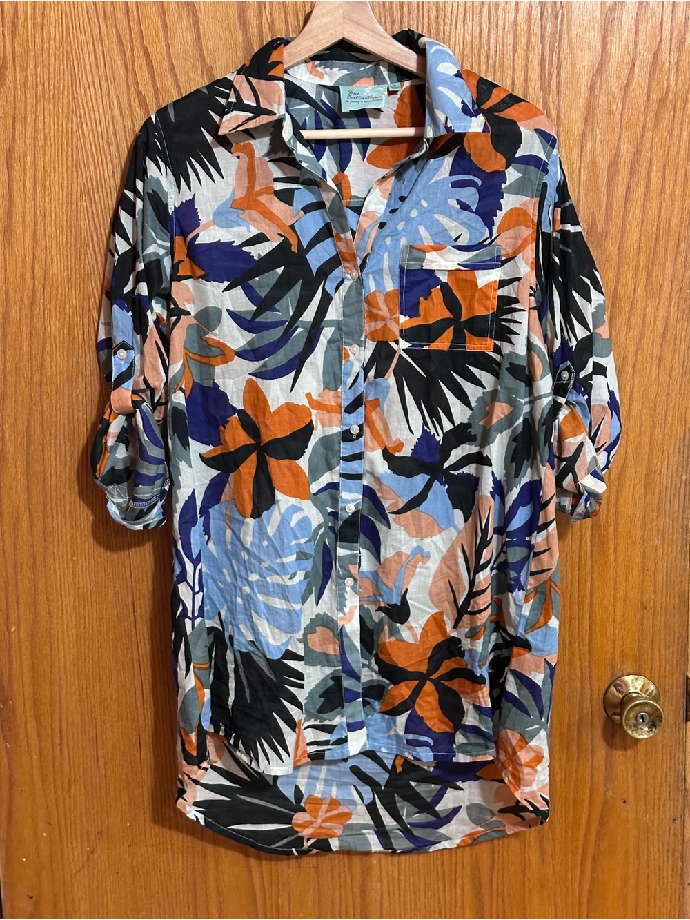 True Destinations Tropical Print Button-Up Shirt cotton  small
